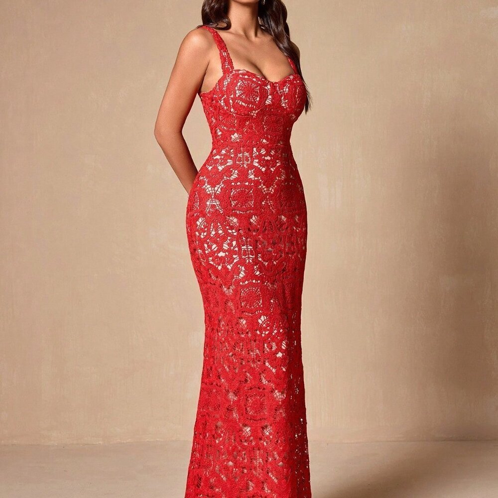 Red Elegant Women's Lace Bodycon Sleeveless Sexy Cocktail Dress - Picture 6 of 8